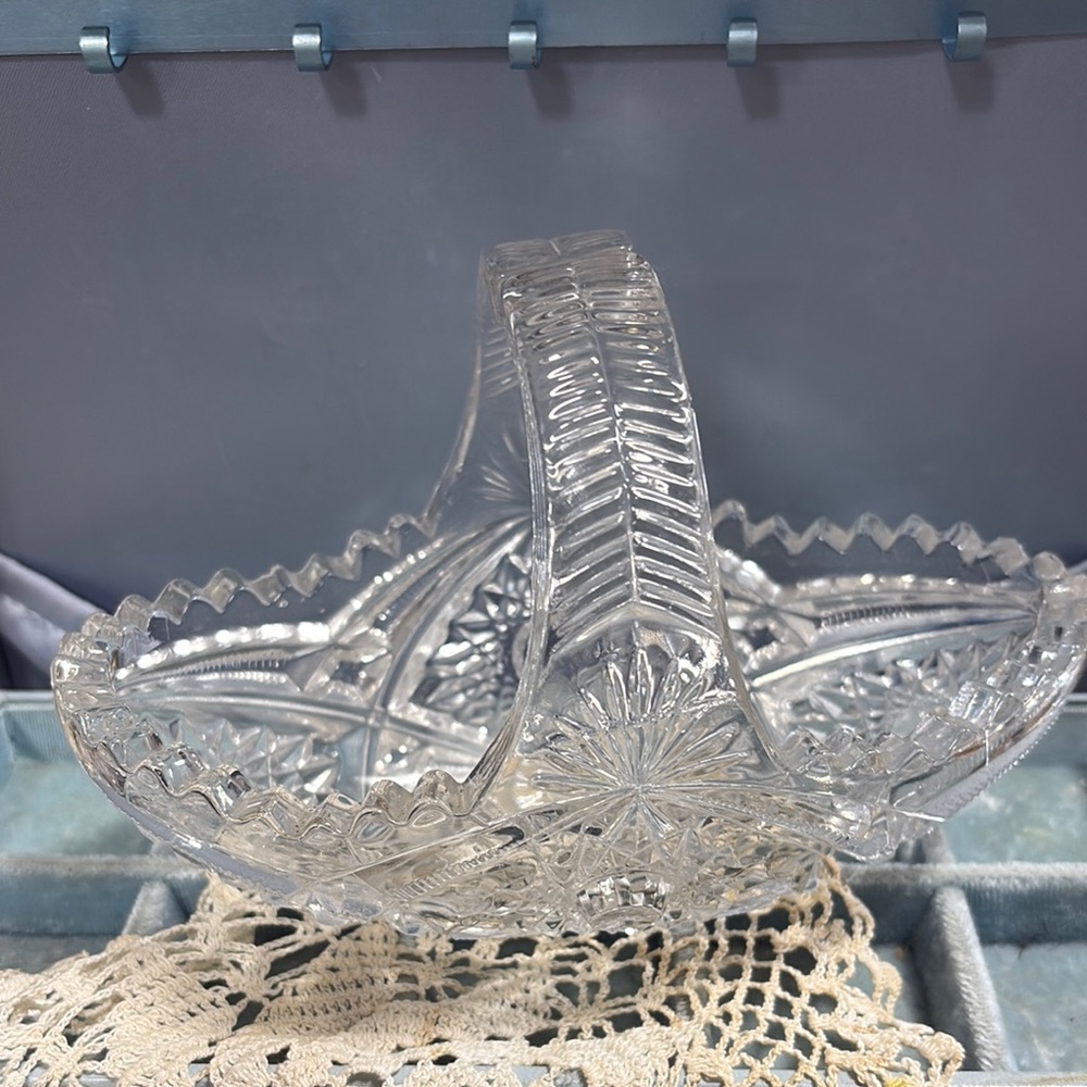 Vintage Glass Basket, Split Handle, Button&Starburst, Sawtooth Rim
7